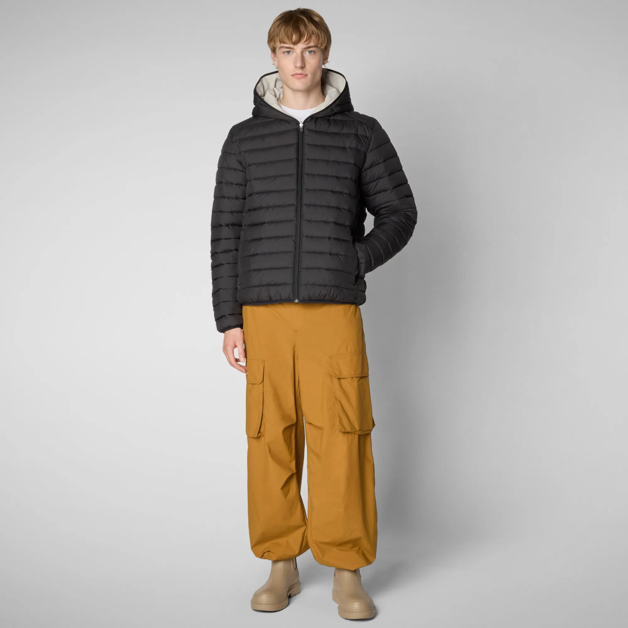 Clearance Save The Duck Men's Hooded Animal free Puffer Jacket Ezra in Rainy Beige RainyBeige