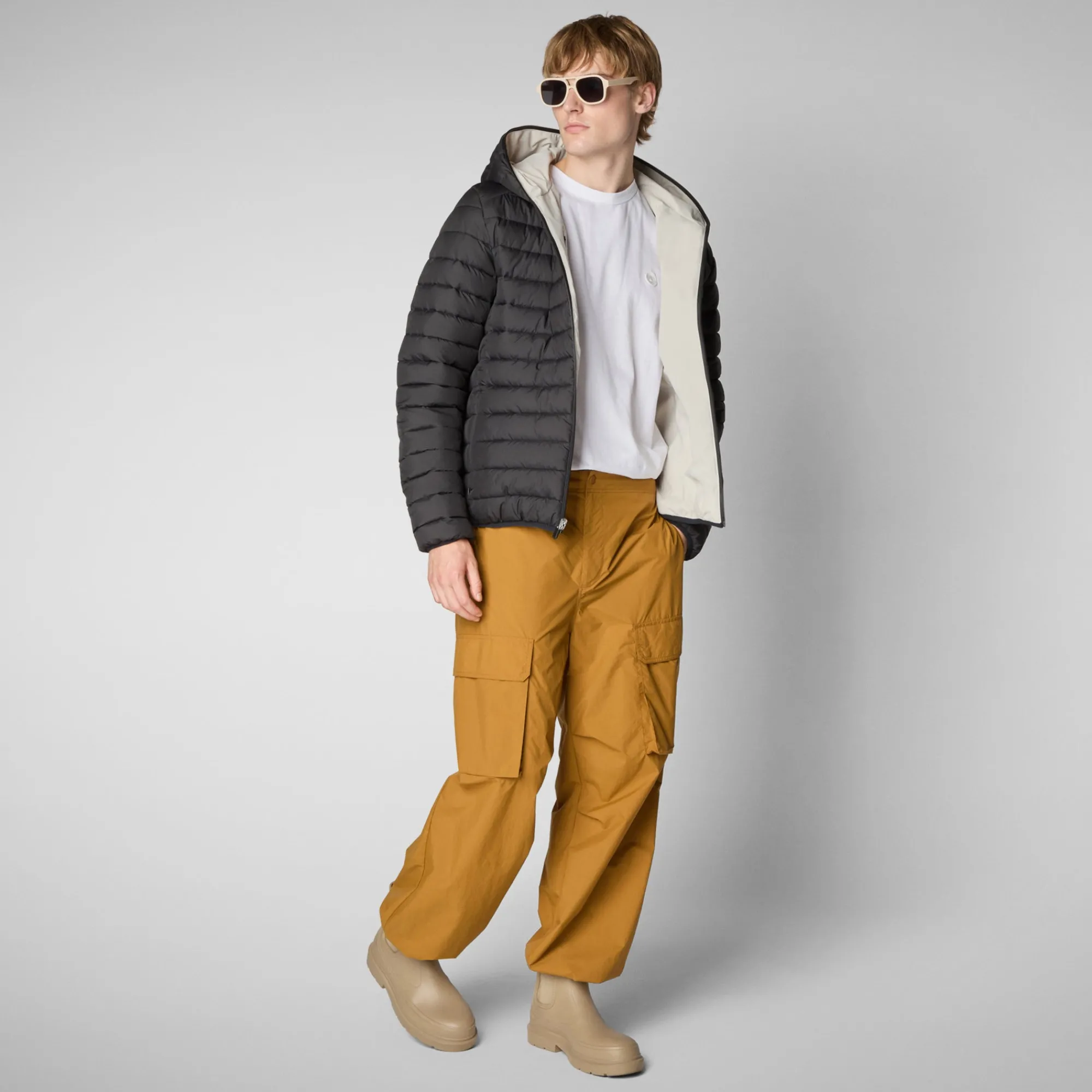 Clearance Save The Duck Men's Hooded Animal free Puffer Jacket Ezra in Rainy Beige RainyBeige