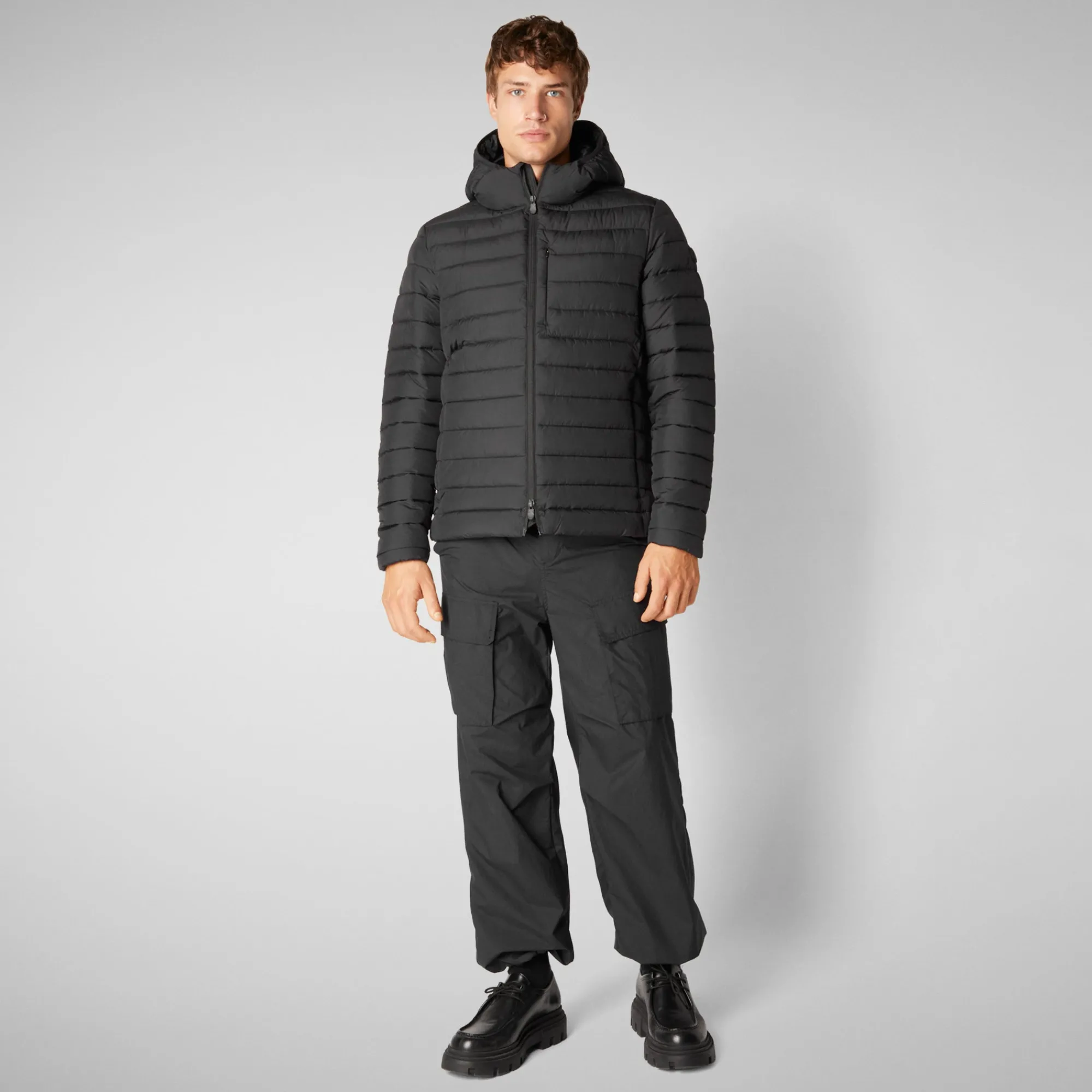 Fashion Save The Duck Men's Hooded Animal free Puffer Jacket Juncus in Black