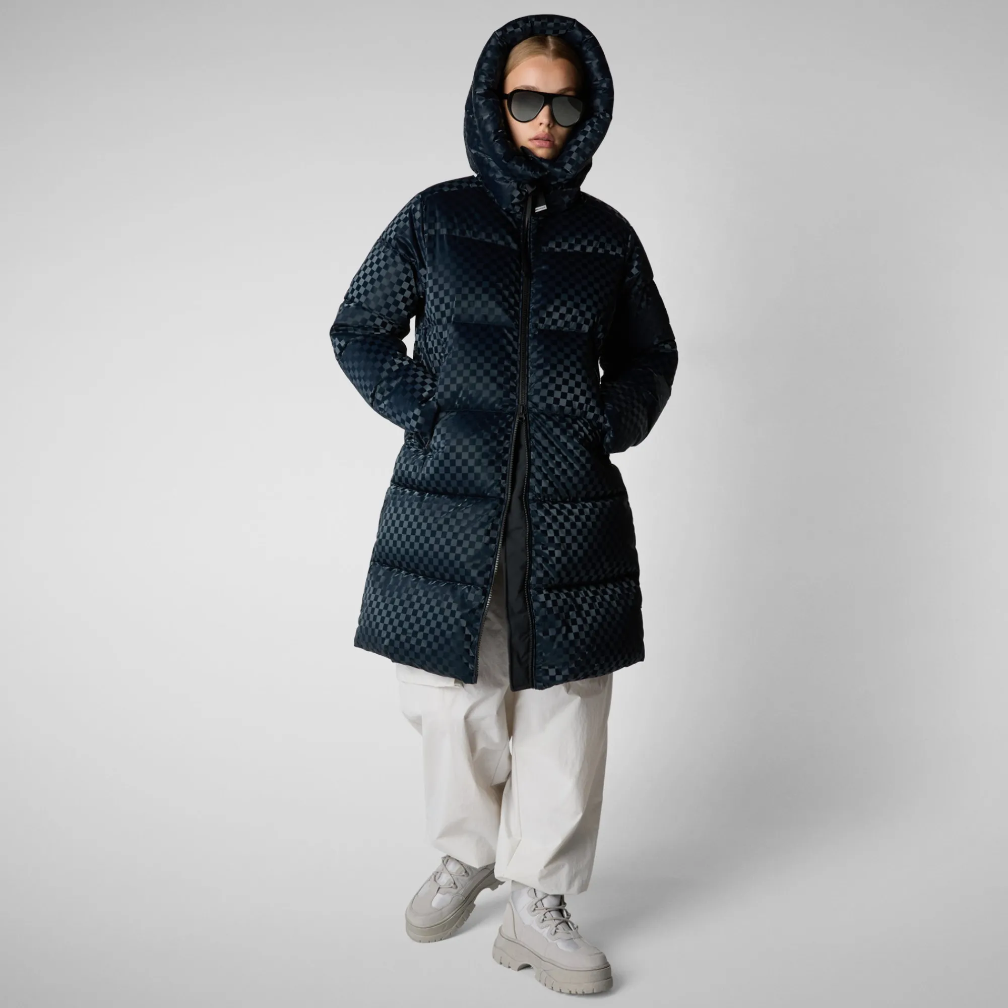 Sale Save The Duck Women's Amaranta Hooded Animal free Puffer Coat in Blue Black BlueBlack
