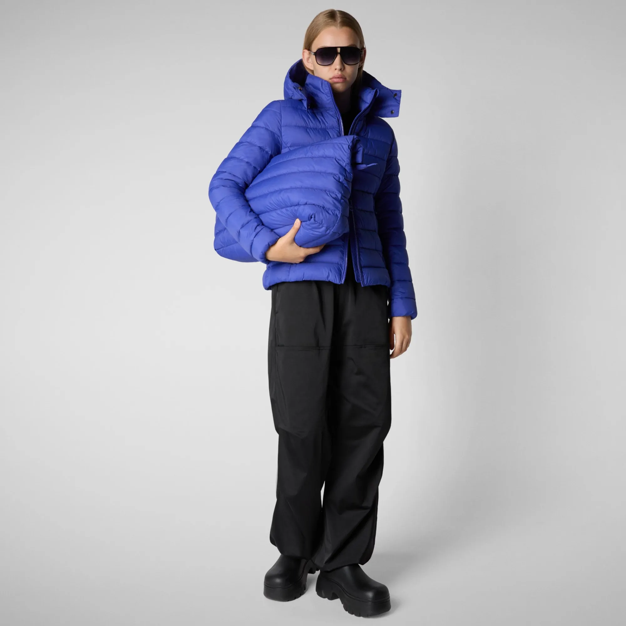 Clearance Save The Duck Women's Amelie Animal free Puffer Jacket with Detachable Hood in Gentian Blue GentianBlue