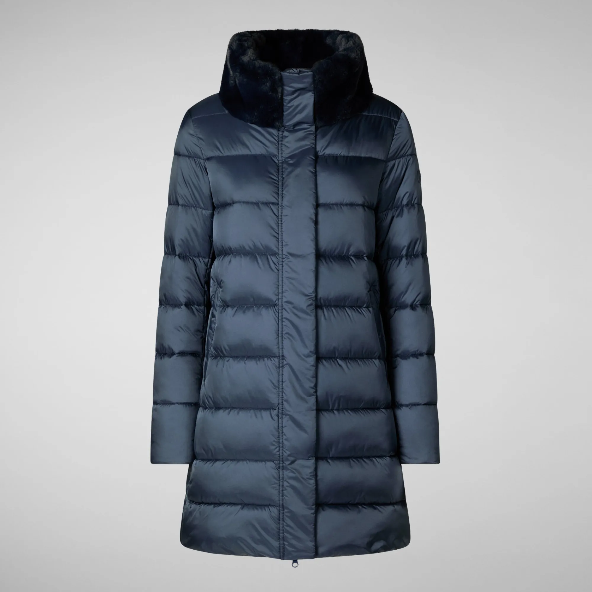 Fashion Save The Duck Women's Animal free Puffer Coat Dalea with Faux Fur Collar in Night Blue NightBlue