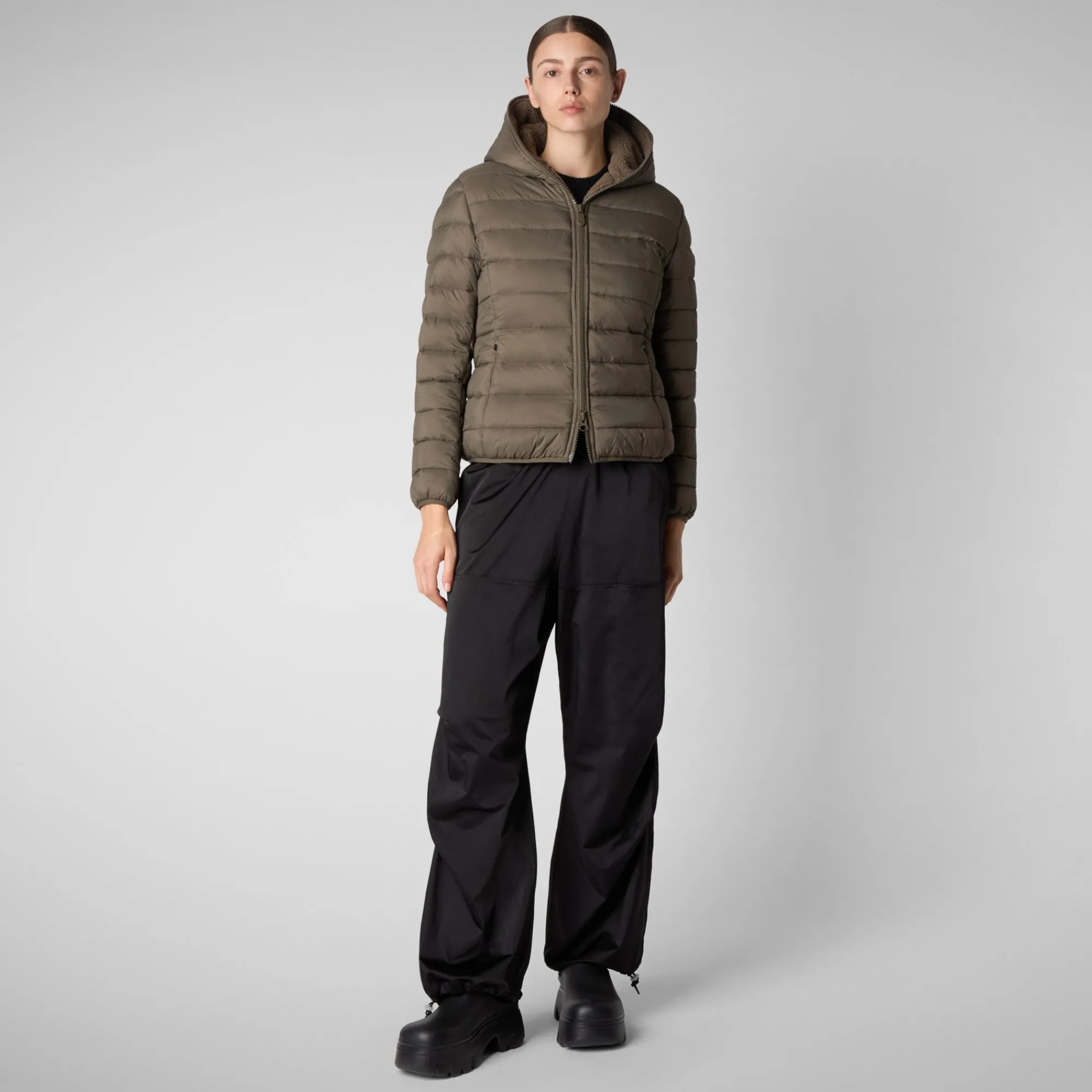 New Save The Duck Women's  animal free Puffer jacket Ethel in mud grey Mudgrey