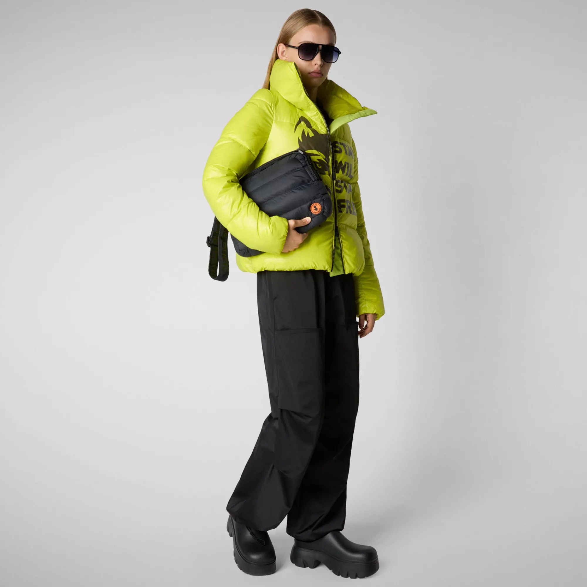 Flash Sale Save The Duck Women's animal free Puffer jacket Ivy in lichen green wolf print LichenGreen