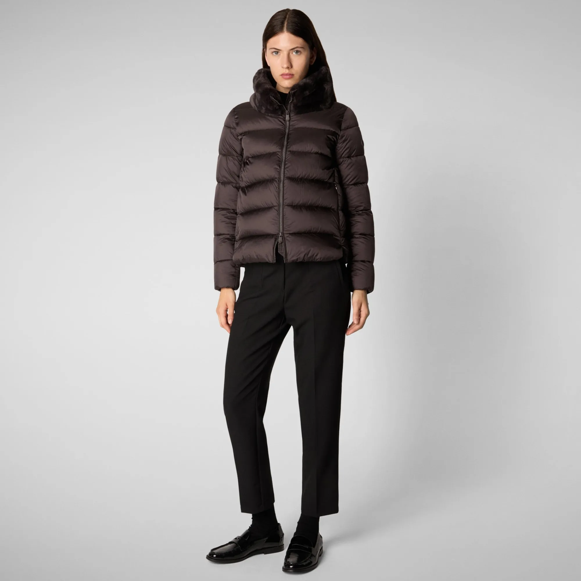 Shop Save The Duck Women's animal free Puffer jacket mei in brown black Brownblack