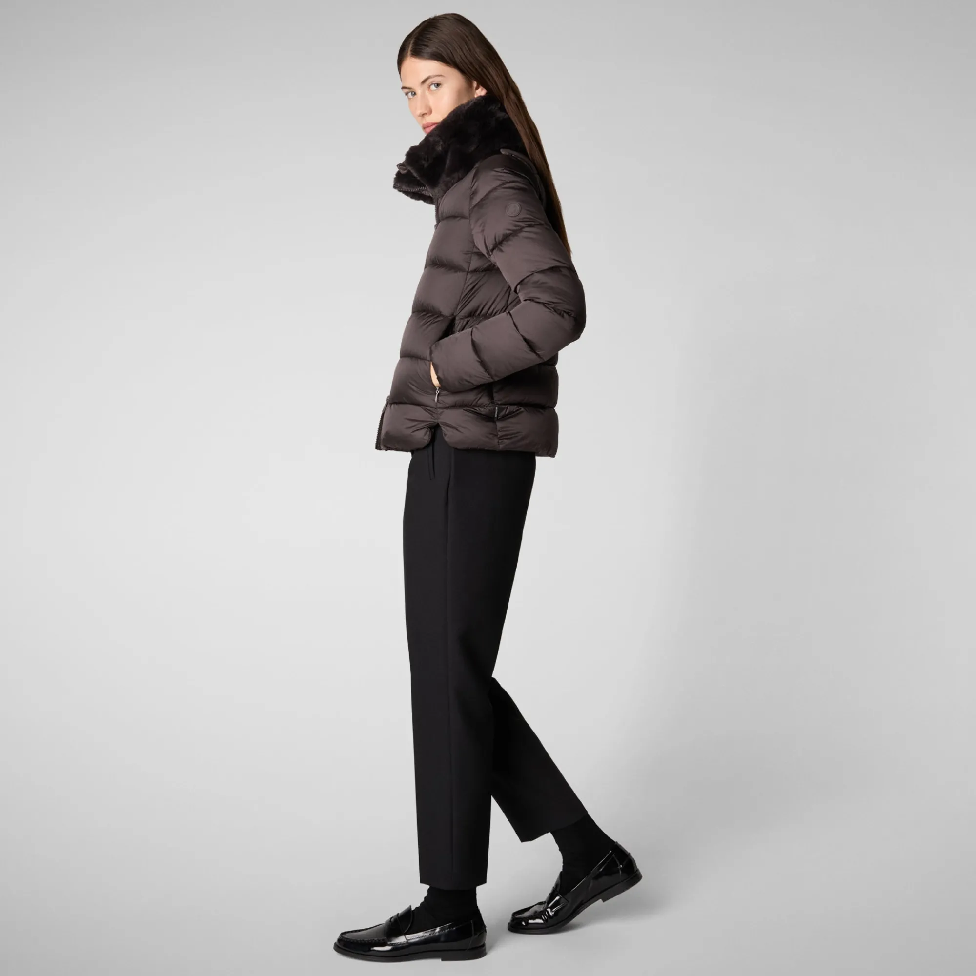 Shop Save The Duck Women's animal free Puffer jacket mei in brown black Brownblack