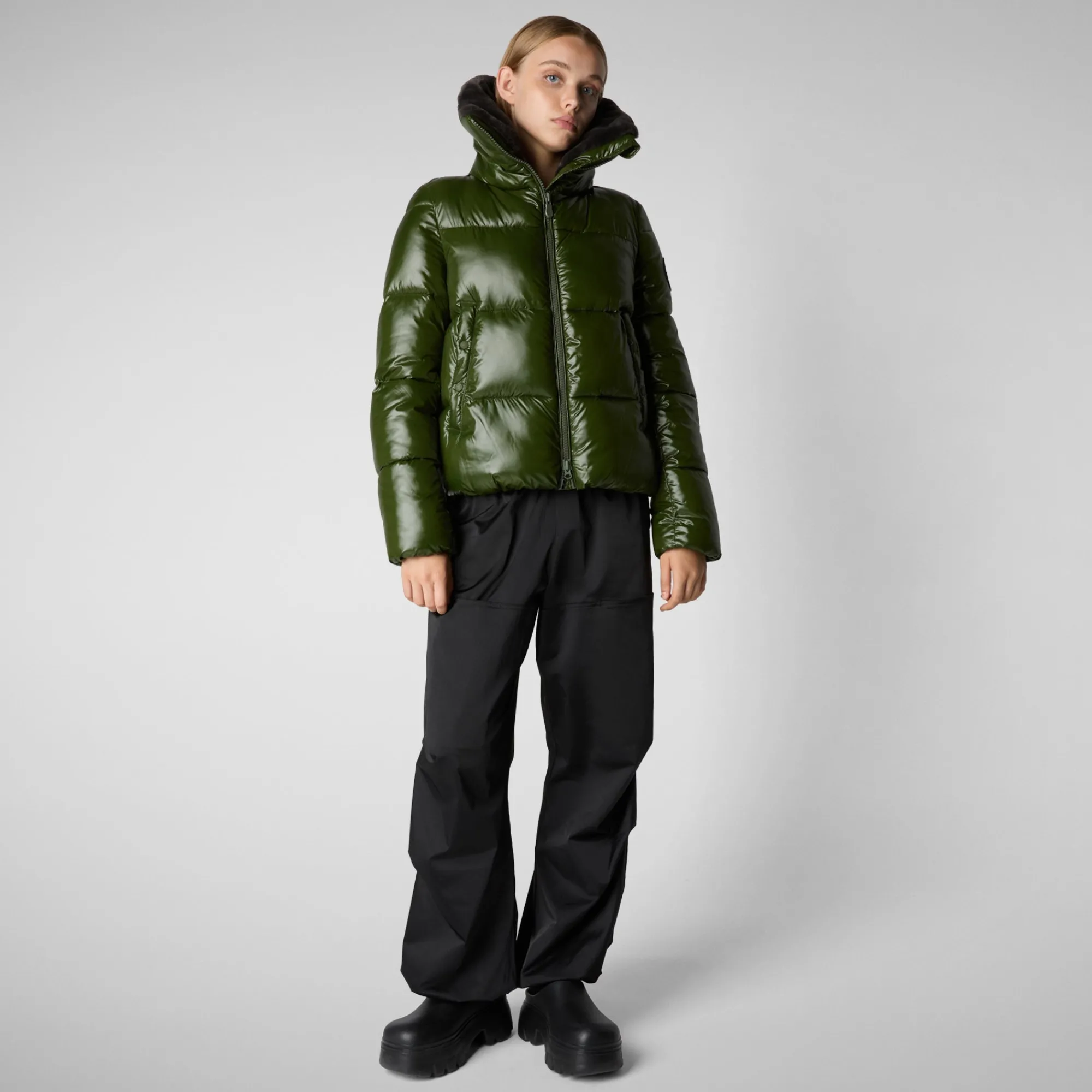 Cheap Save The Duck Women's Animal free Puffer Jacket Moma  with Faux Fur Lining in Pine Green PineGreen