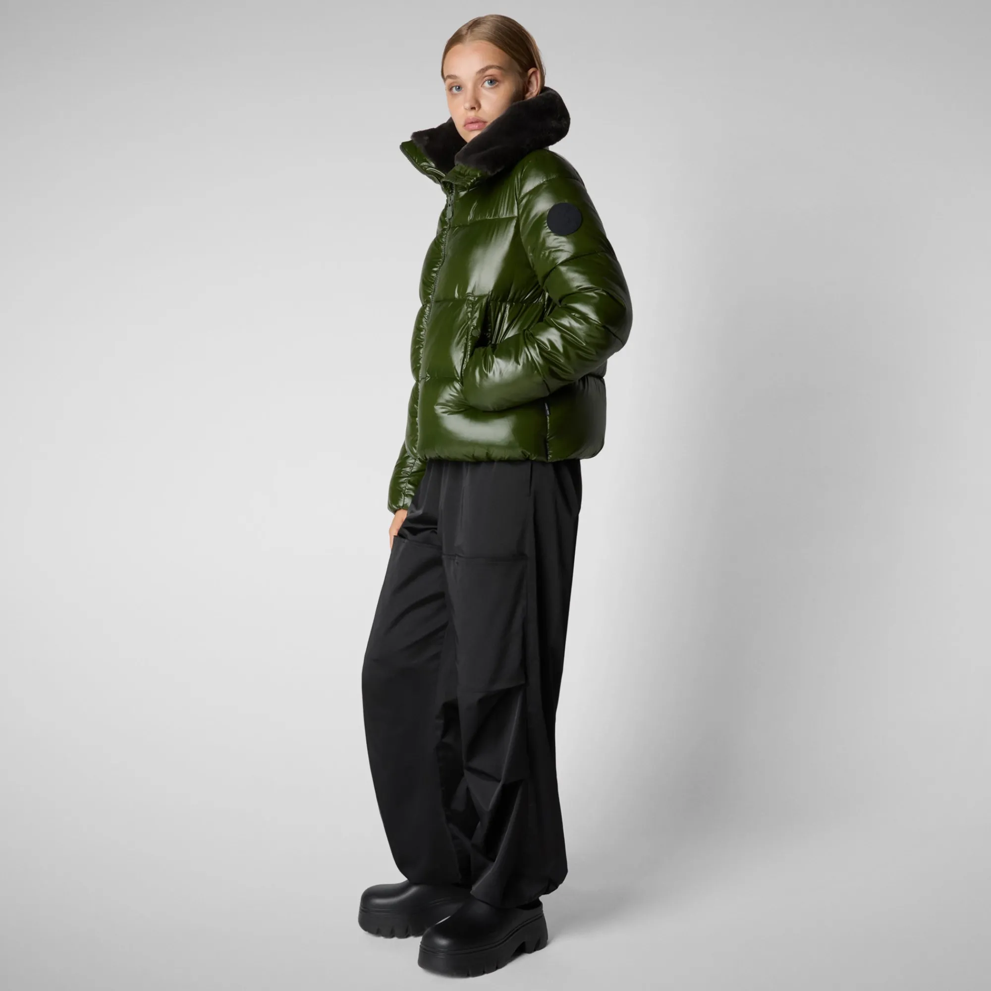 Cheap Save The Duck Women's Animal free Puffer Jacket Moma  with Faux Fur Lining in Pine Green PineGreen