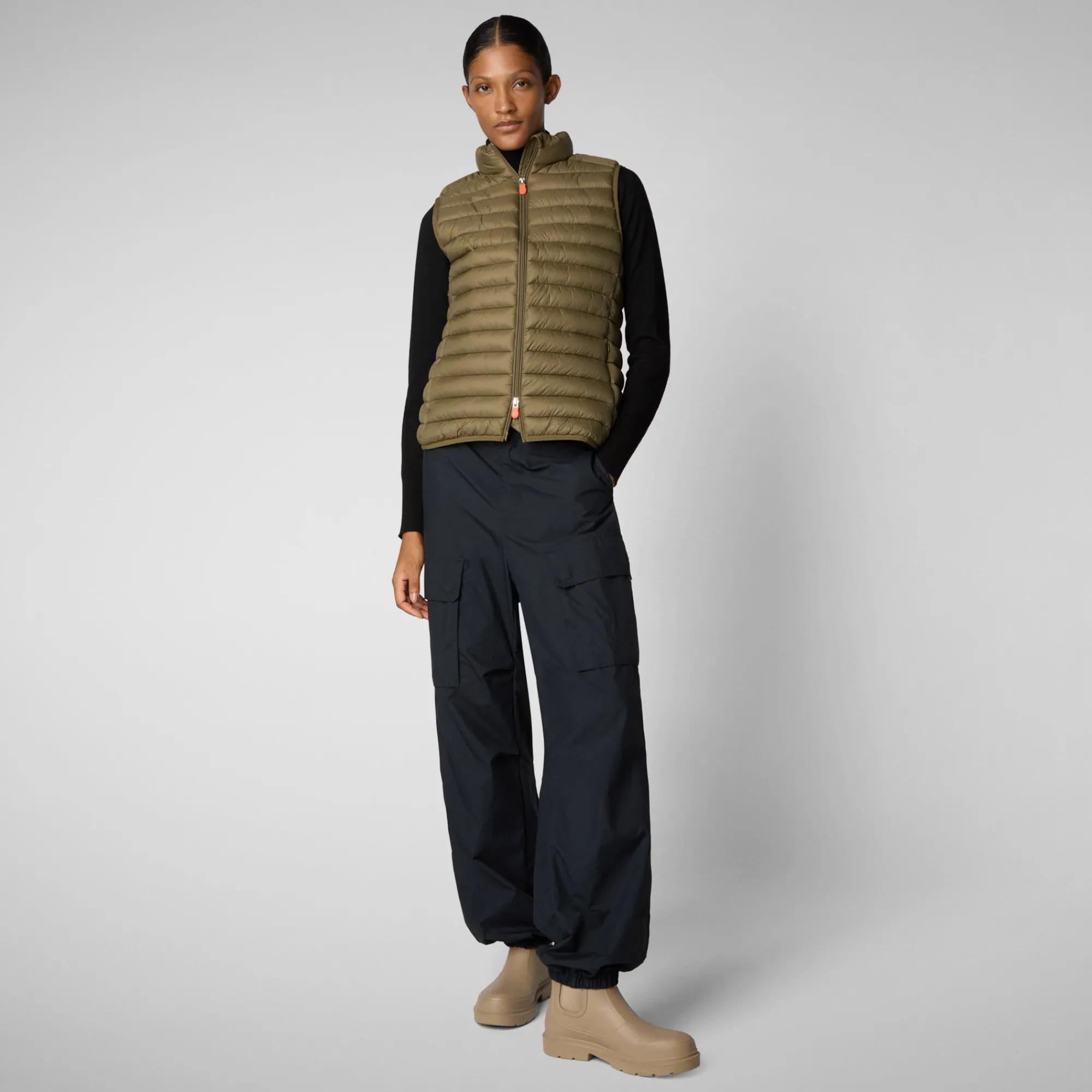 Online Save The Duck Women's Animal free Puffer Vest Charlotte in Husk Green HuskGreen