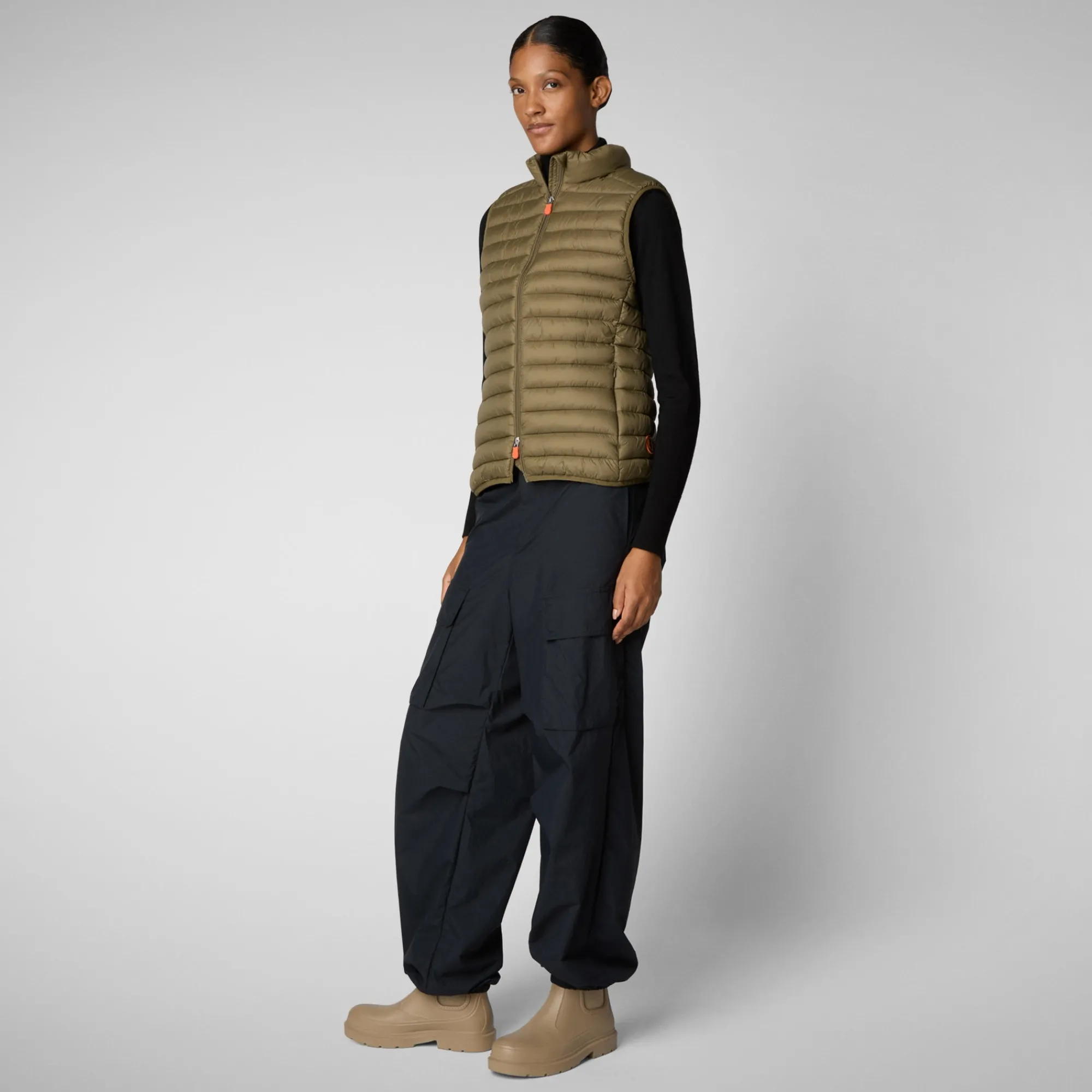 Online Save The Duck Women's Animal free Puffer Vest Charlotte in Husk Green HuskGreen