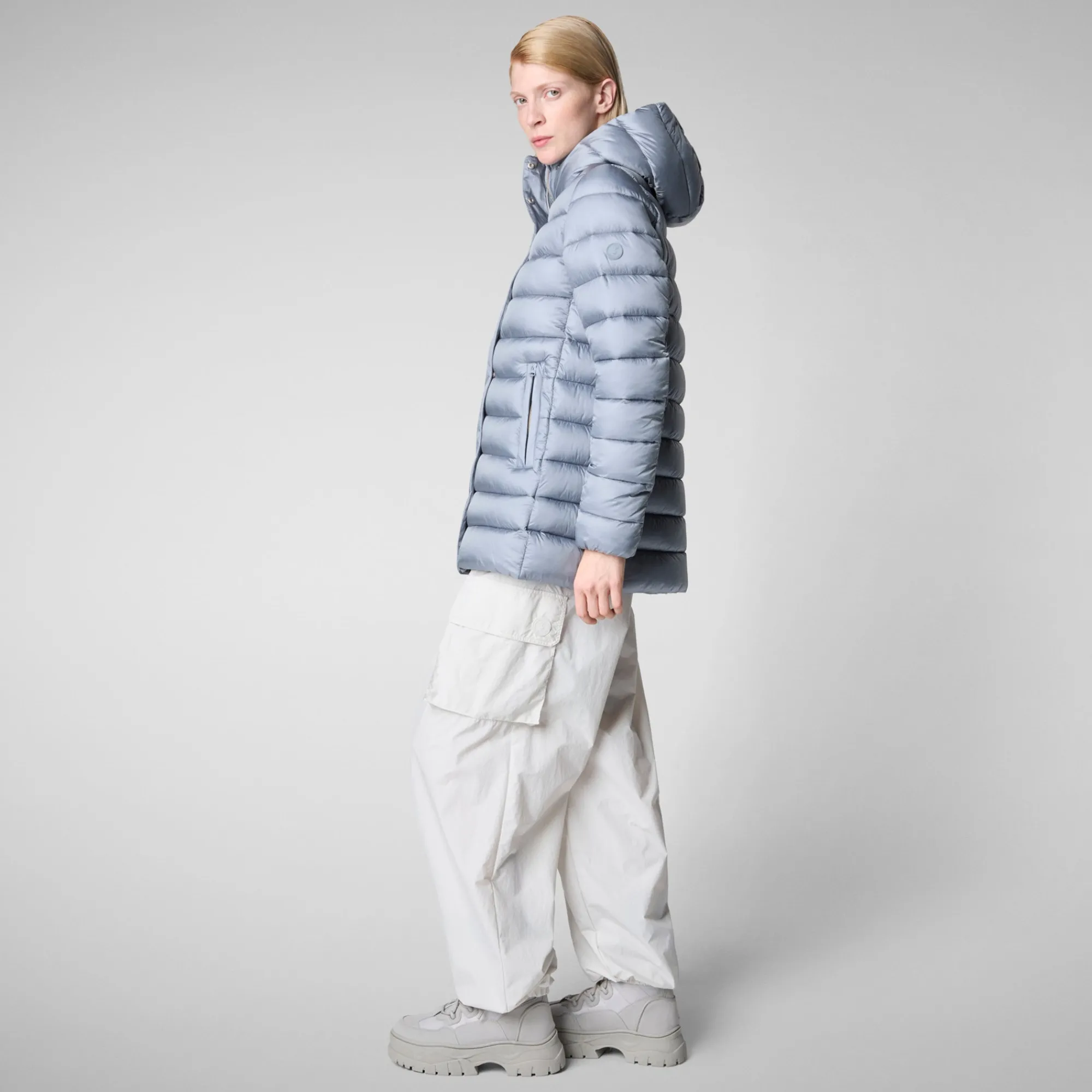 Cheap Save The Duck Women's Hooded Animal free Puffer Coat Drimia in Blue Fog BlueFog