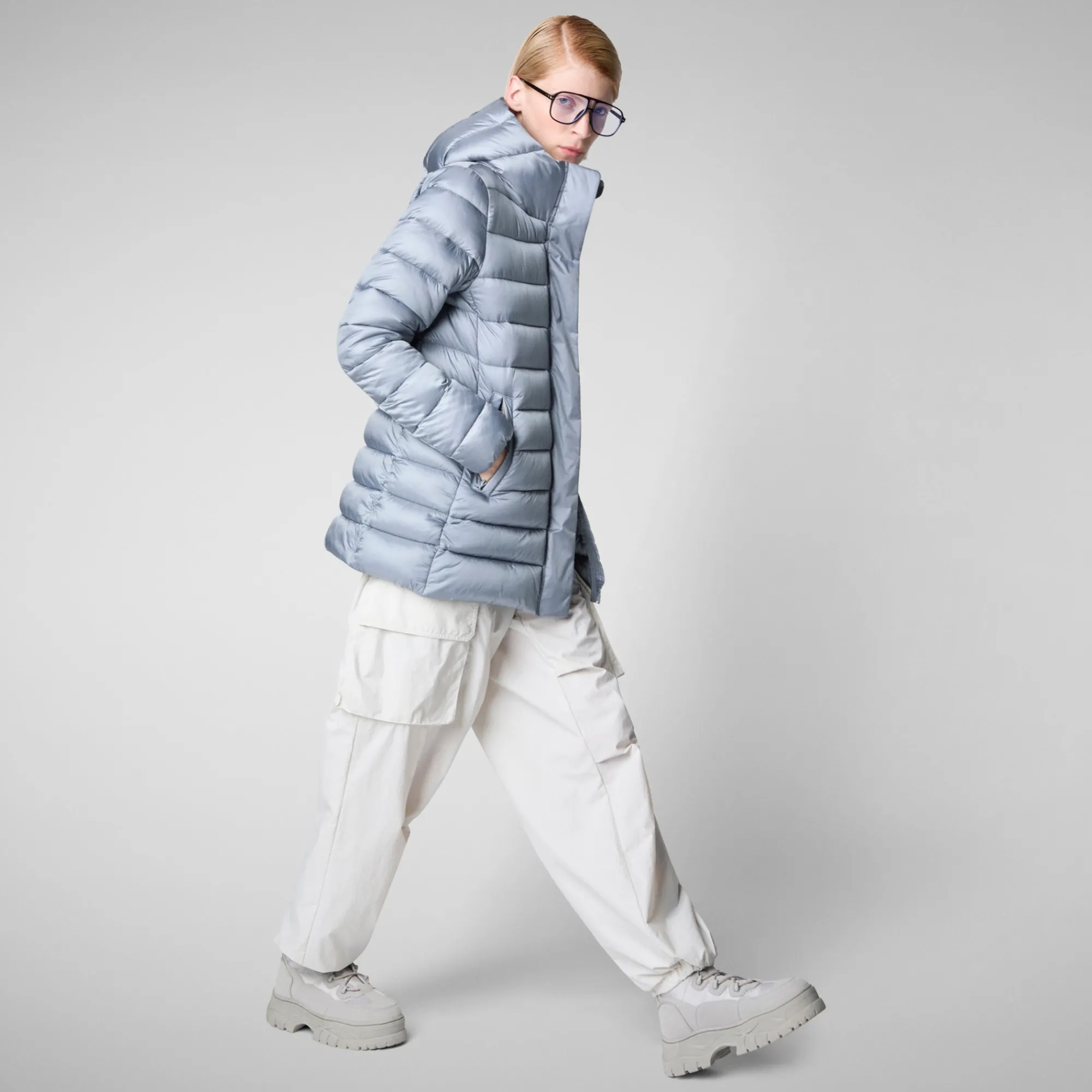 Cheap Save The Duck Women's Hooded Animal free Puffer Coat Drimia in Blue Fog BlueFog