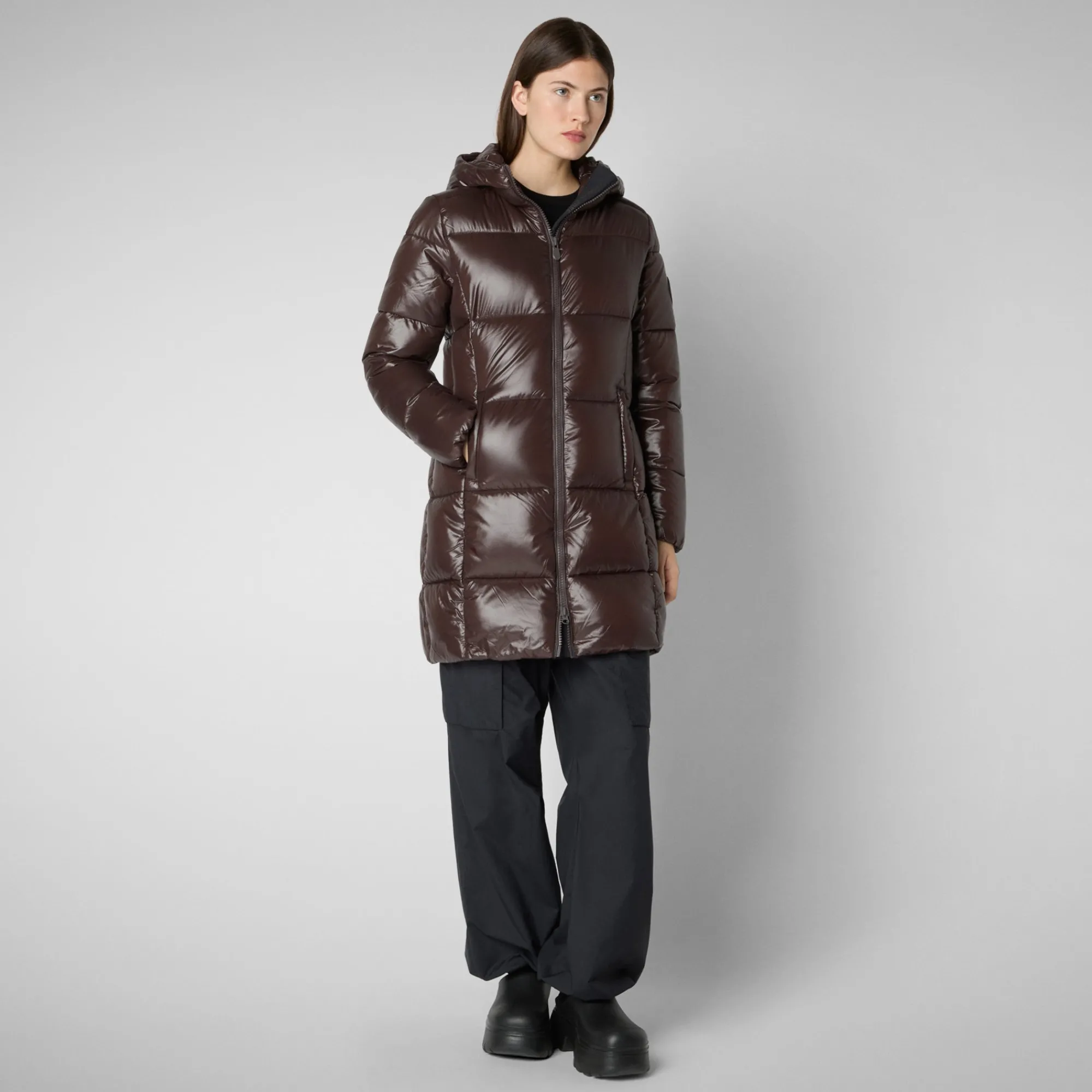 Outlet Save The Duck Women's Hooded Animal free Puffer Coat Ines in Brown Black BrownBlack