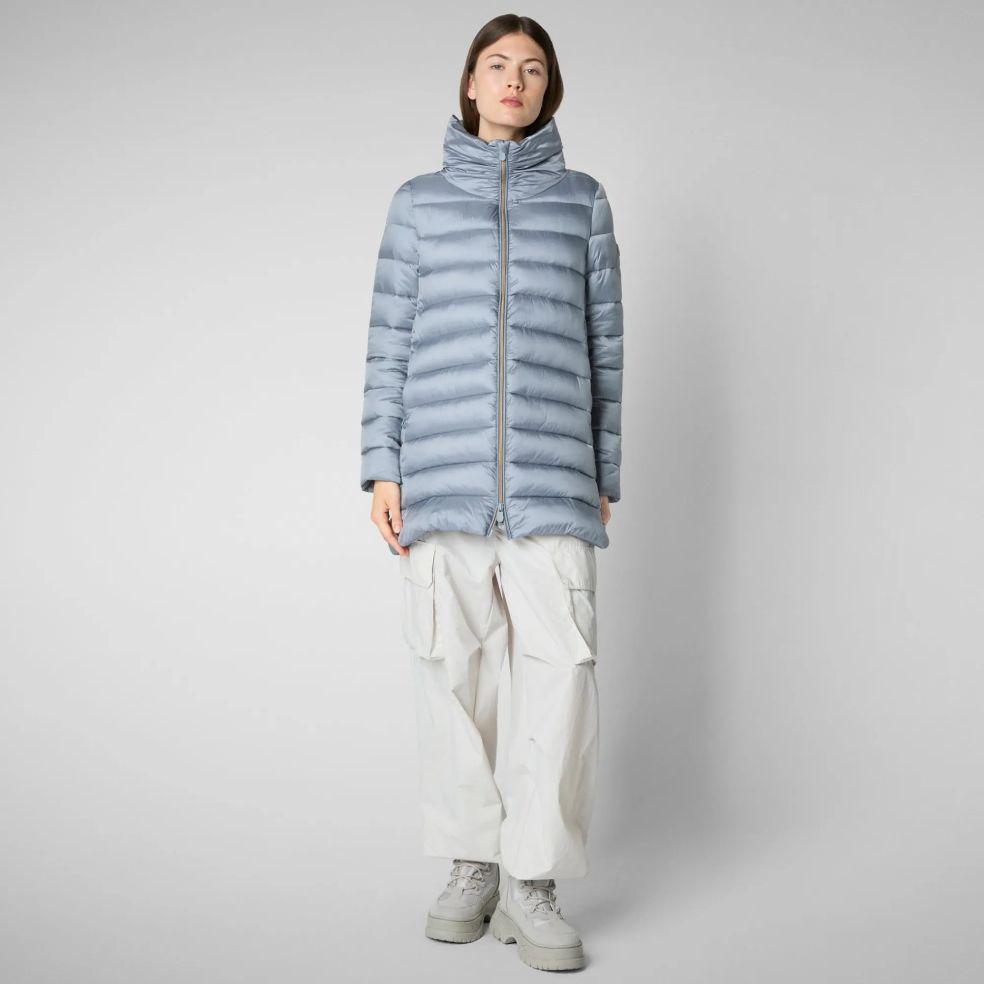 Fashion Save The Duck Women's Hooded Animal free Puffer Coat Lydia in blue fog BlueBlack