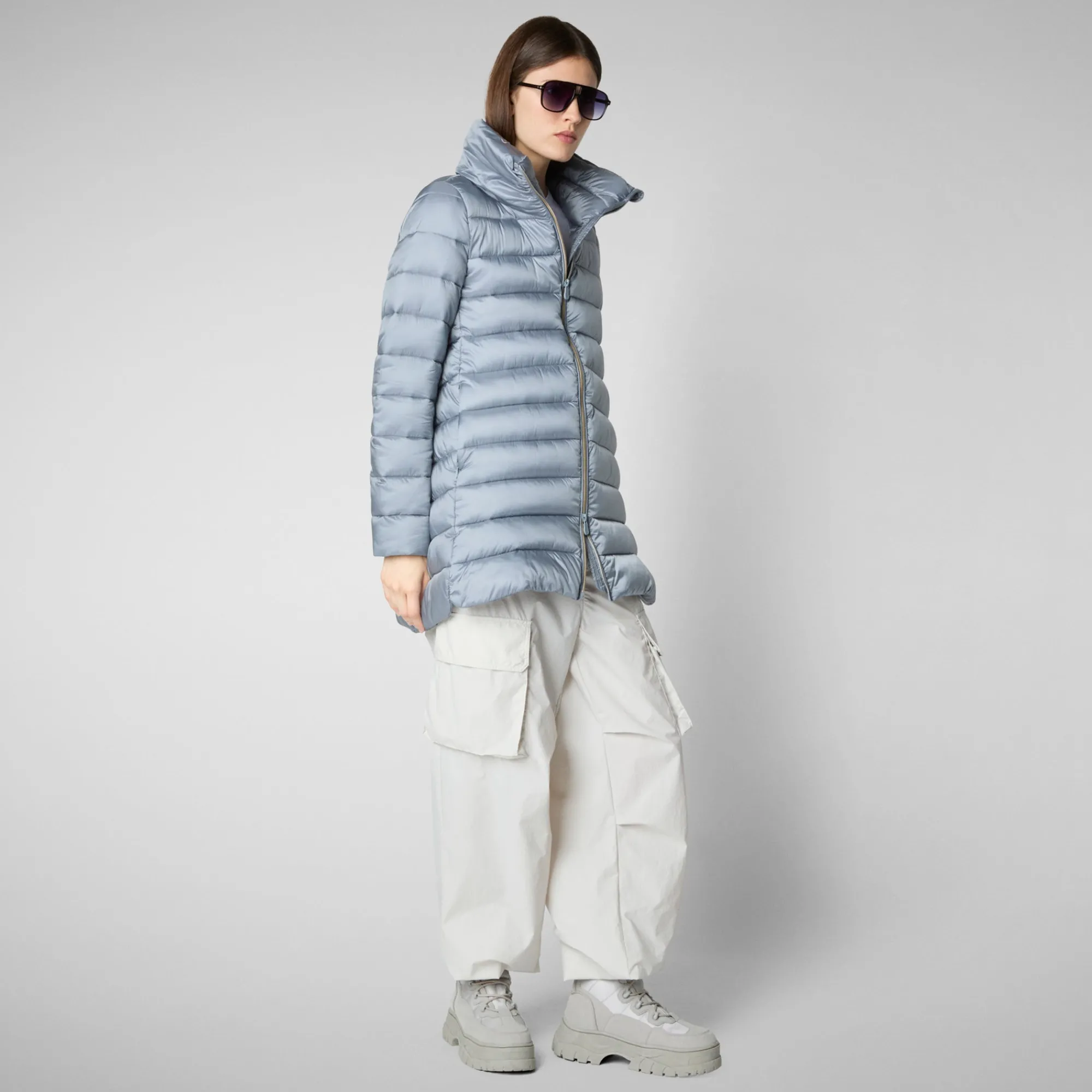 Fashion Save The Duck Women's Hooded Animal free Puffer Coat Lydia in blue fog BlueBlack