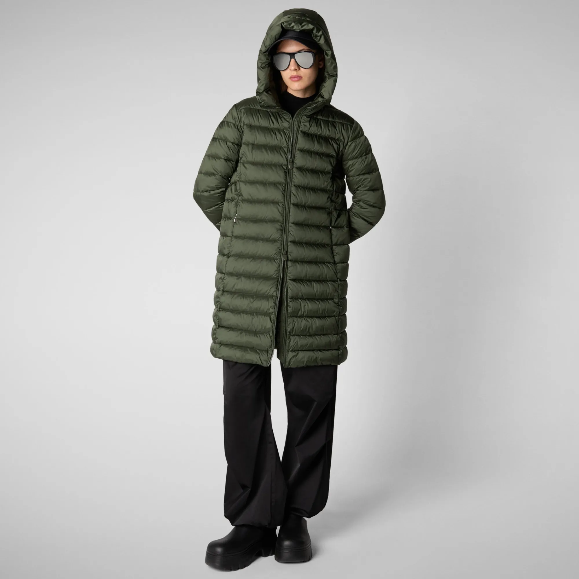 Hot Save The Duck Women's Hooded Animal free Puffer Coat Saffron in Thyme Green ThymeGreen