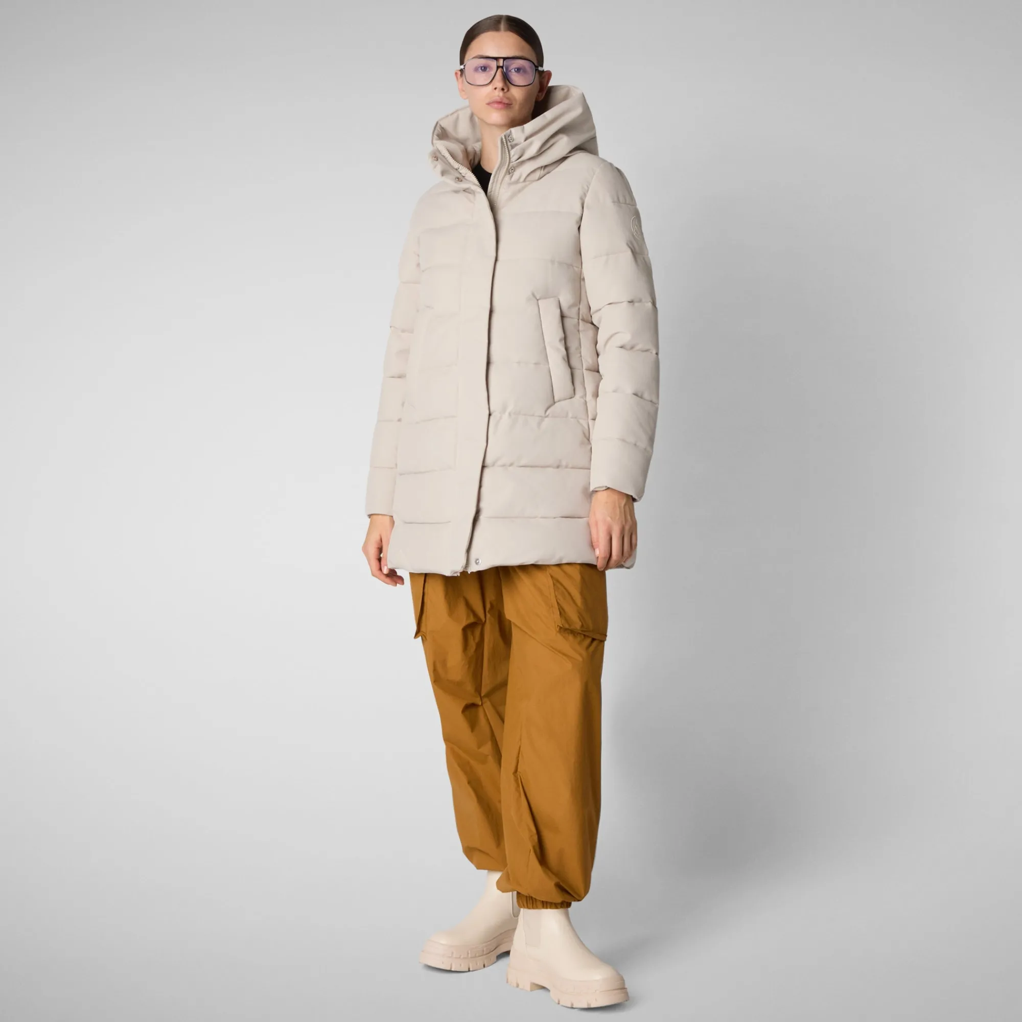 Sale Save The Duck Women's Hooded Animal free Puffer Coat Tatiana in Shore Beige ShoreBeige
