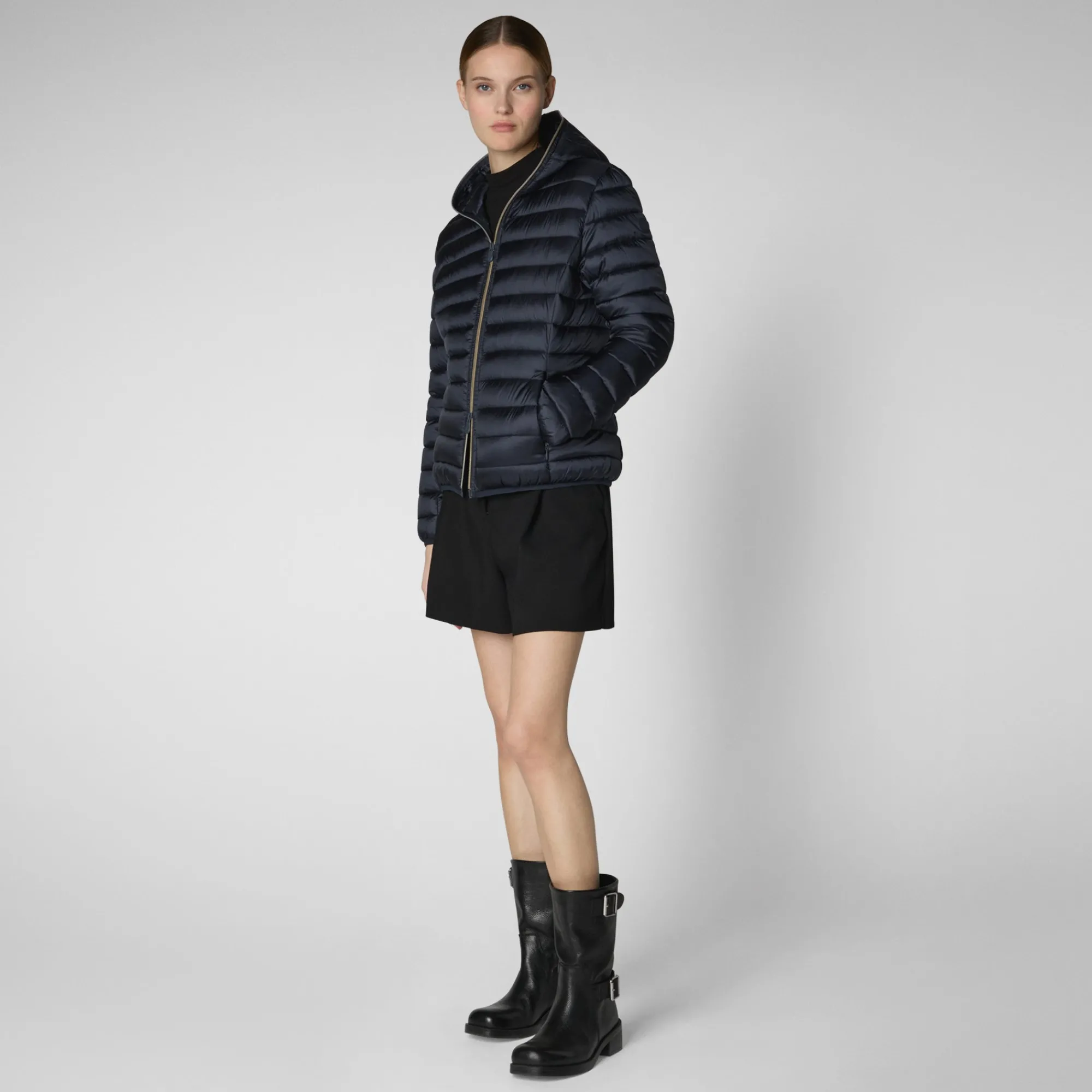 New Save The Duck Women's Hooded Animal free Puffer Jacket Alexis in  Blue Black BlueBlack