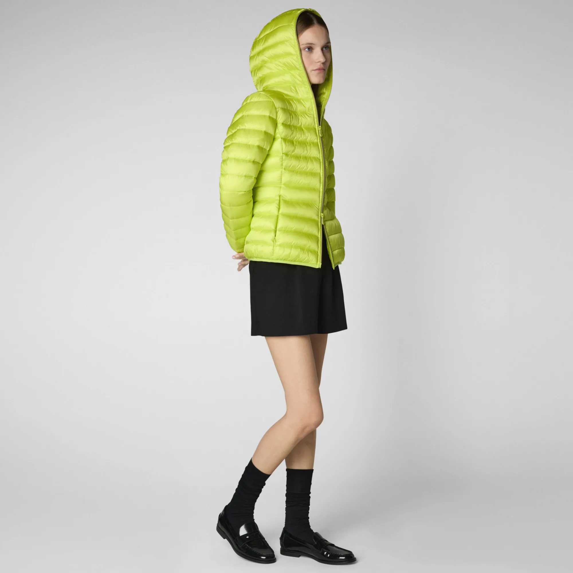 Clearance Save The Duck Women's Hooded Animal free Puffer Jacket Alexis in Lichen Green LichenGreen