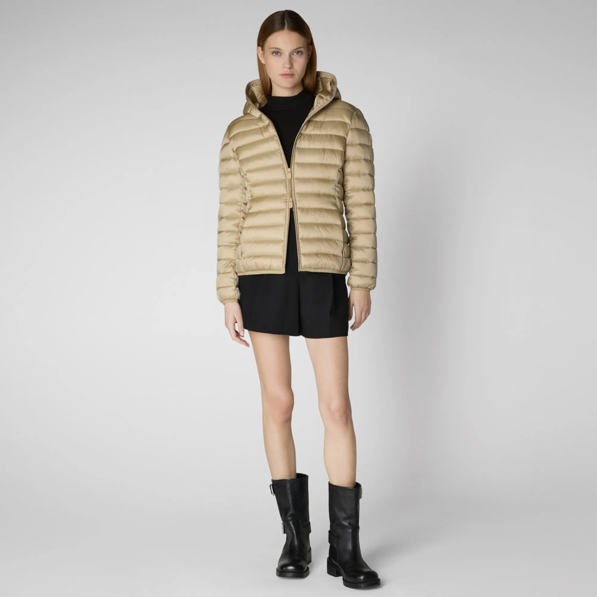 New Save The Duck Women's Hooded Animal free Puffer Jacket Alexis  in Wood Beige WoodBeige