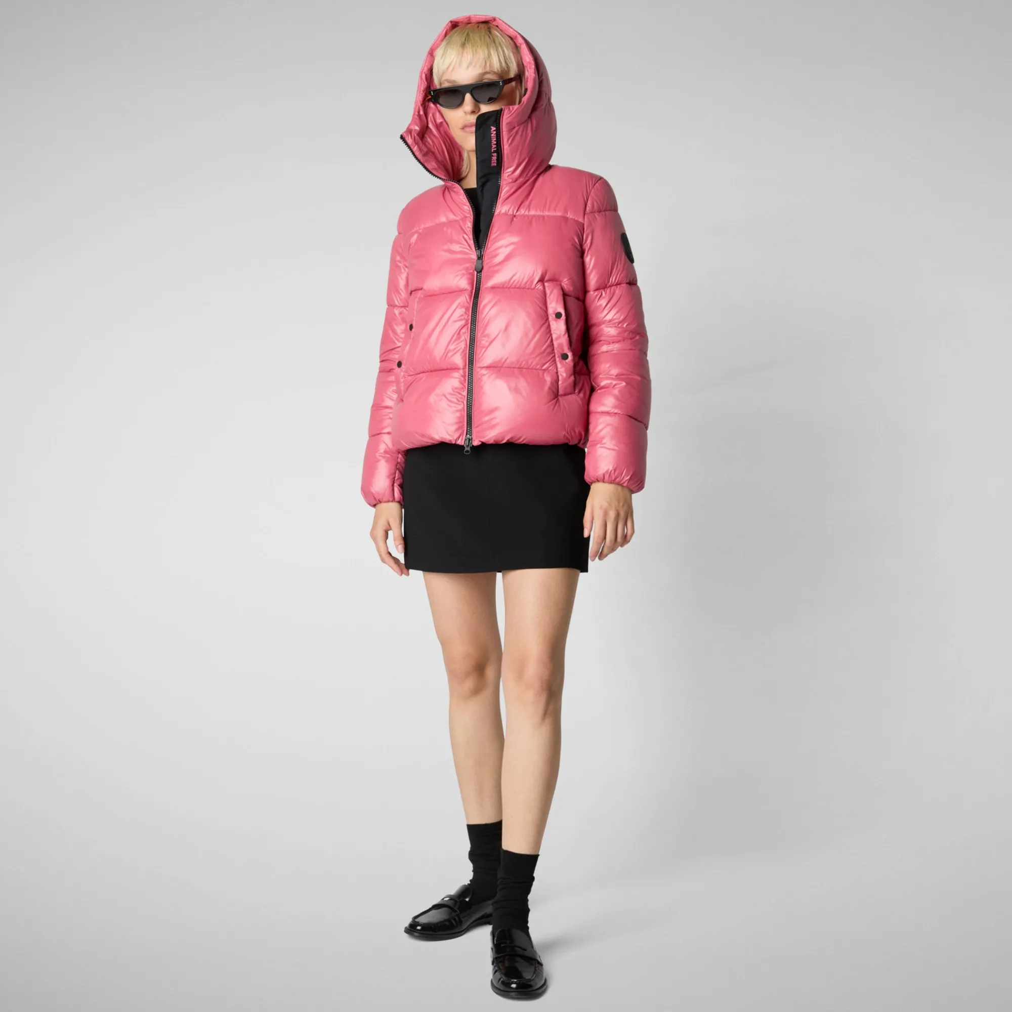 Fashion Save The Duck Women's Hooded Animal free Puffer Jacket Biddy in Bloom Pink BloomPink