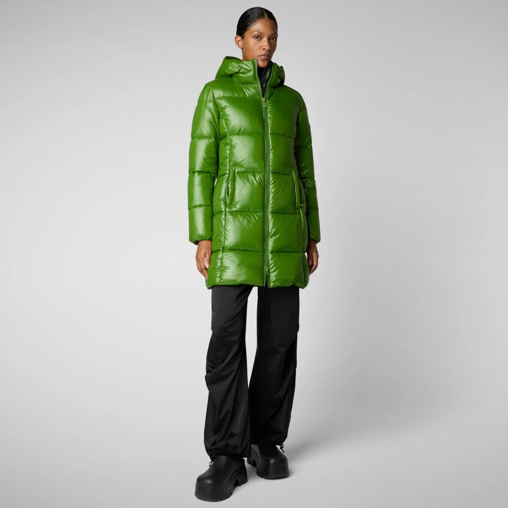 Online Save The Duck Women's Hooded Animal free Puffer Jacket Ines in Grass Green GrassGreen