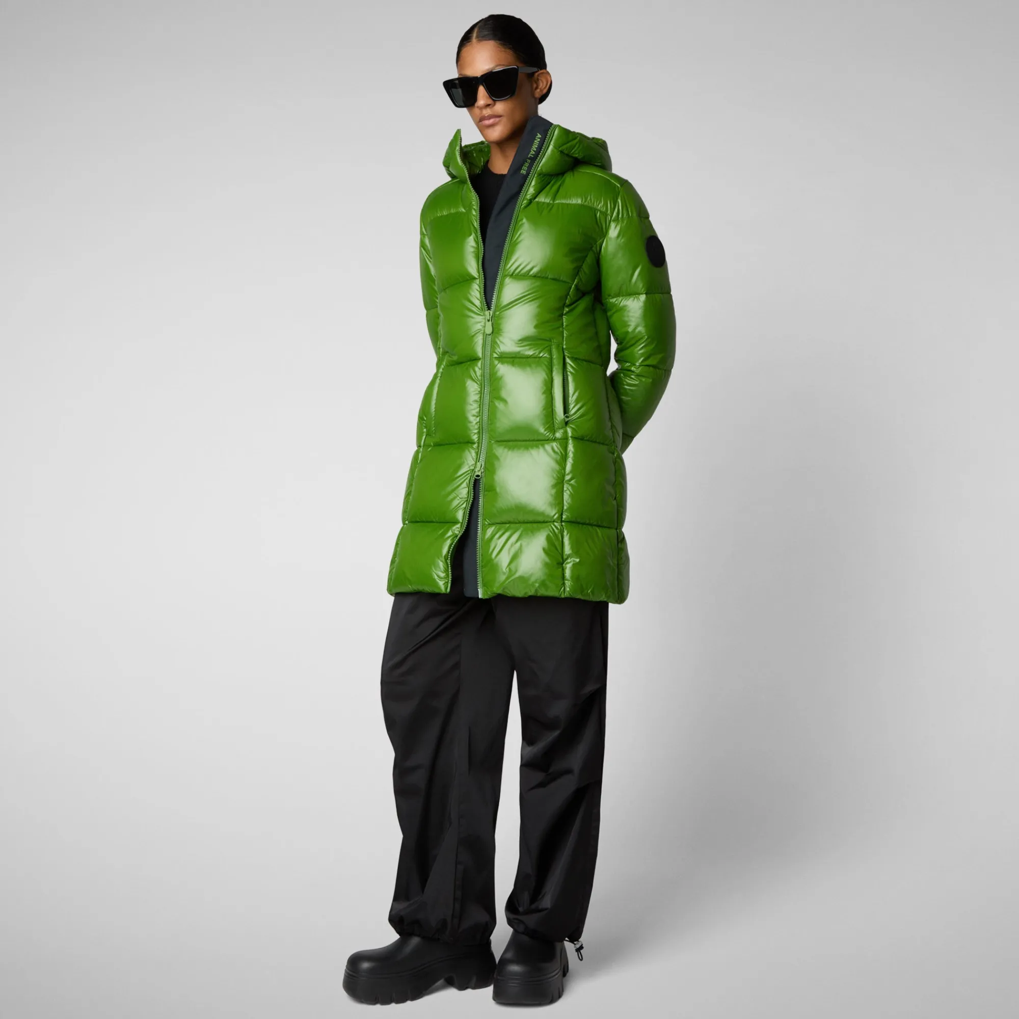 Online Save The Duck Women's Hooded Animal free Puffer Jacket Ines in Grass Green GrassGreen