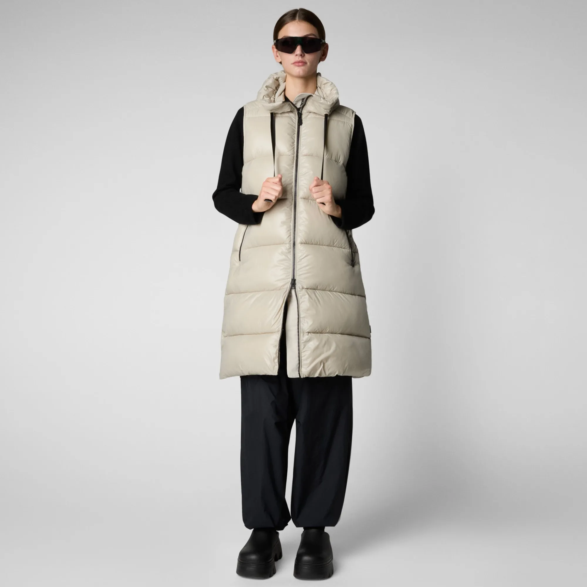 Hot Save The Duck Women's Hooded Animal free Puffer Vest Iria in Rainy Beige RainyBeige