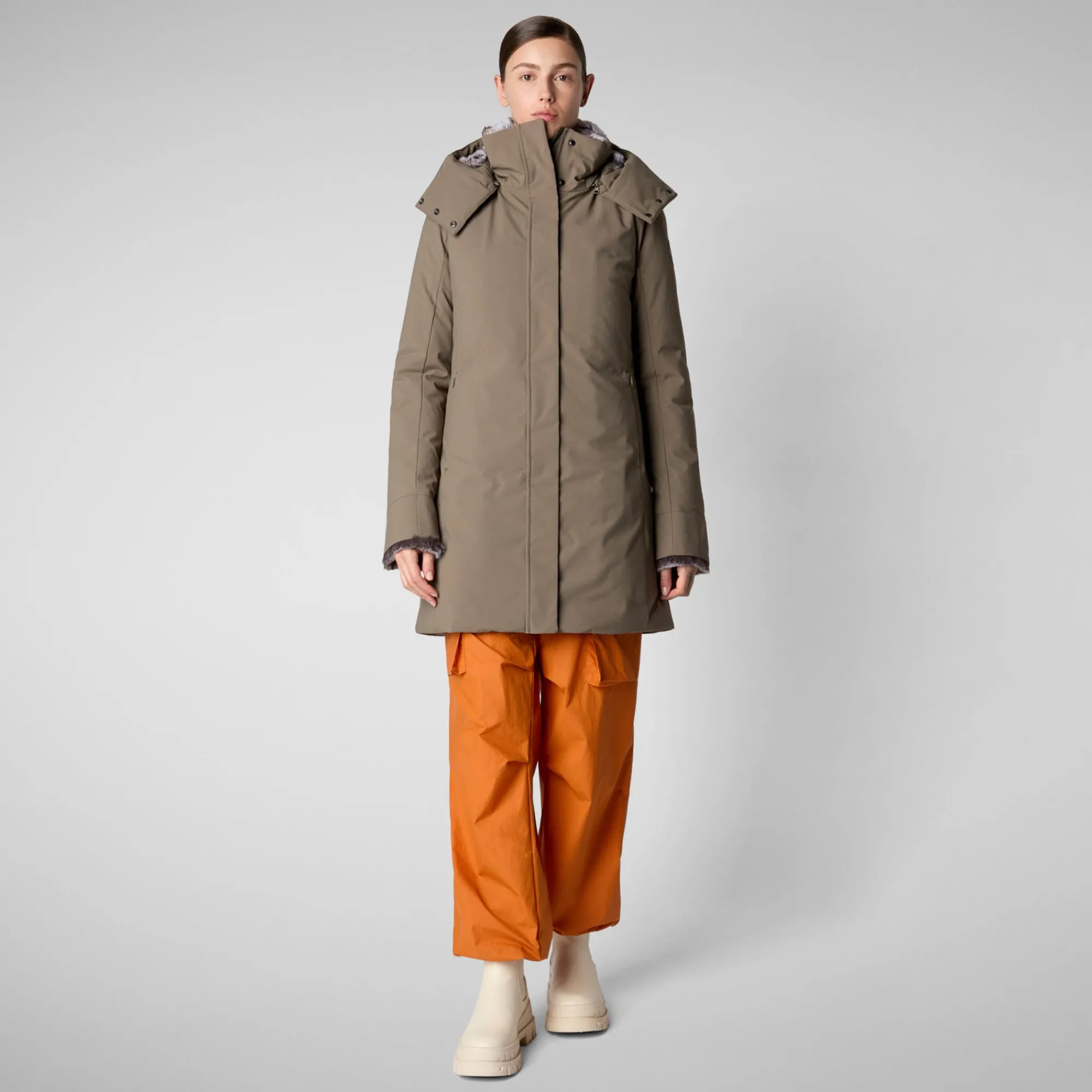 Store Save The Duck Women's hooded parka Samantah in mud grey Mudgrey