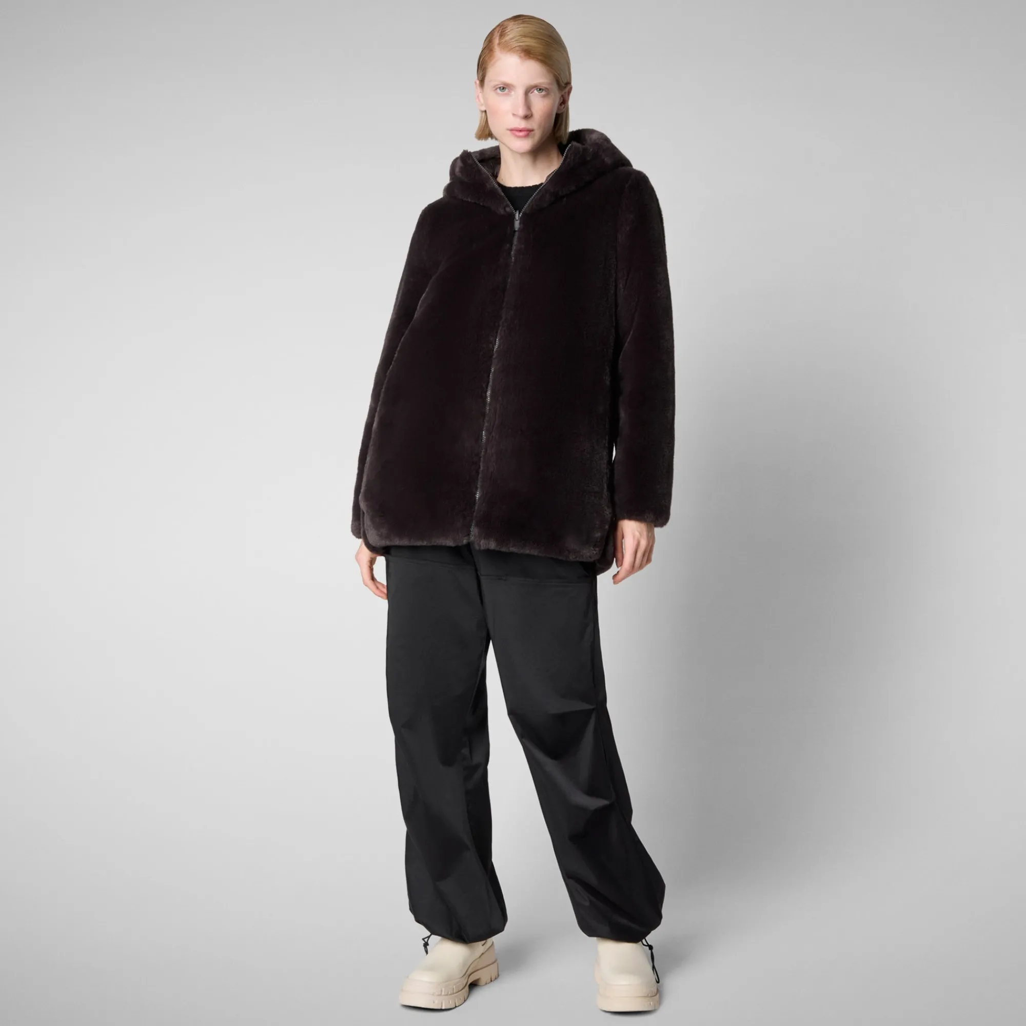 Sale Save The Duck Women's Hooded Reversible Coat Bridget in Brown Black BrownBlack