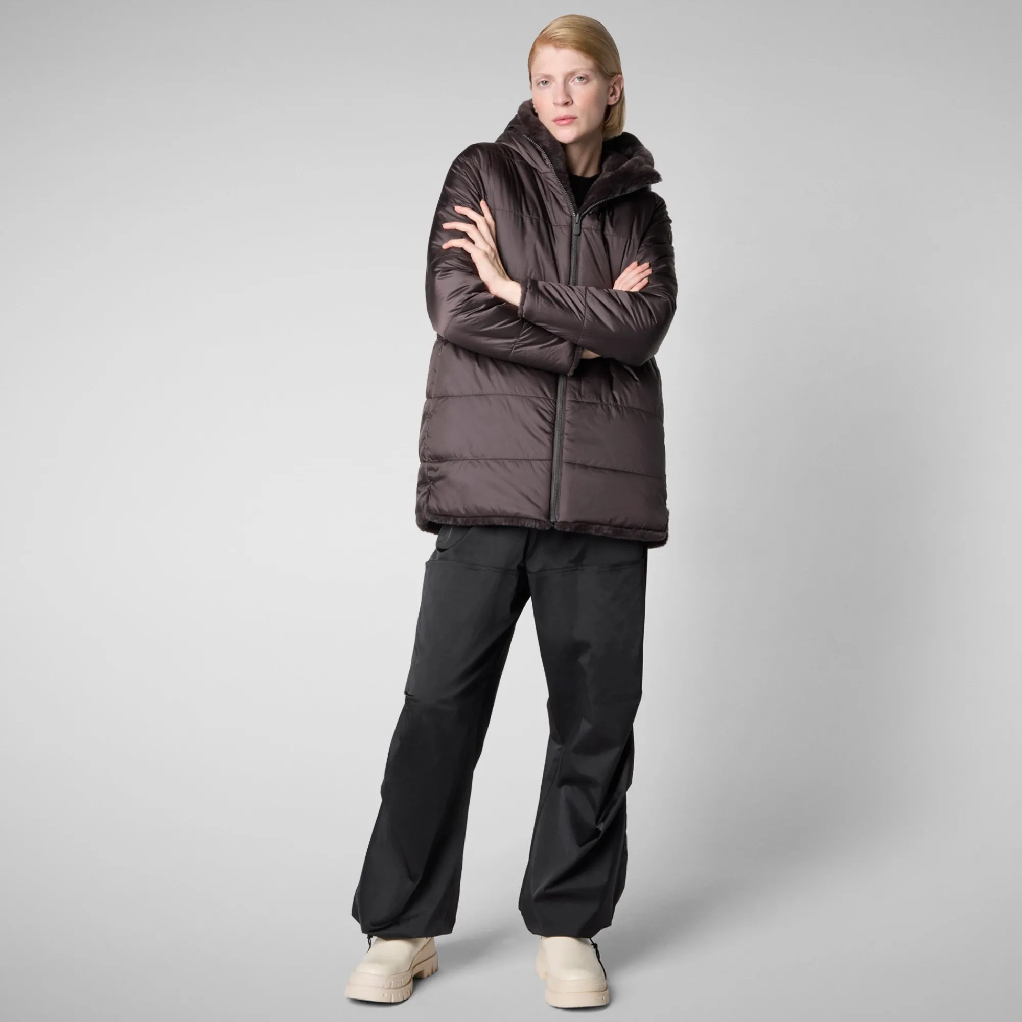 Sale Save The Duck Women's Hooded Reversible Coat Bridget in Brown Black BrownBlack