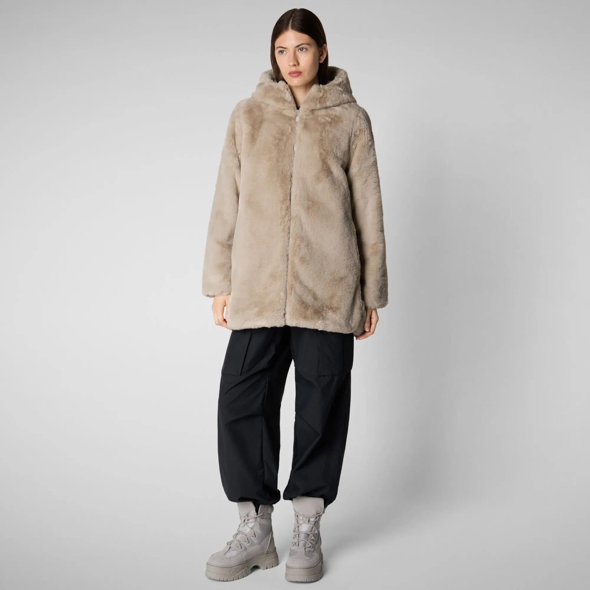 Shop Save The Duck Women's Hooded Reversible Jacket Bridget in Rainy Beige RainyBeige