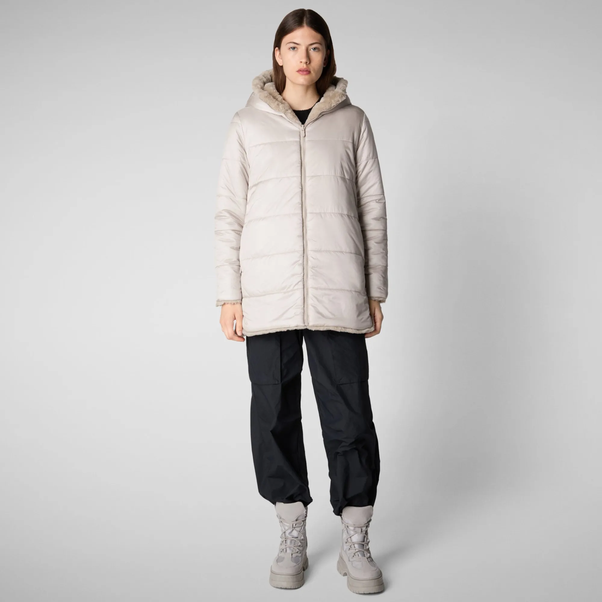 Shop Save The Duck Women's Hooded Reversible Jacket Bridget in Rainy Beige RainyBeige