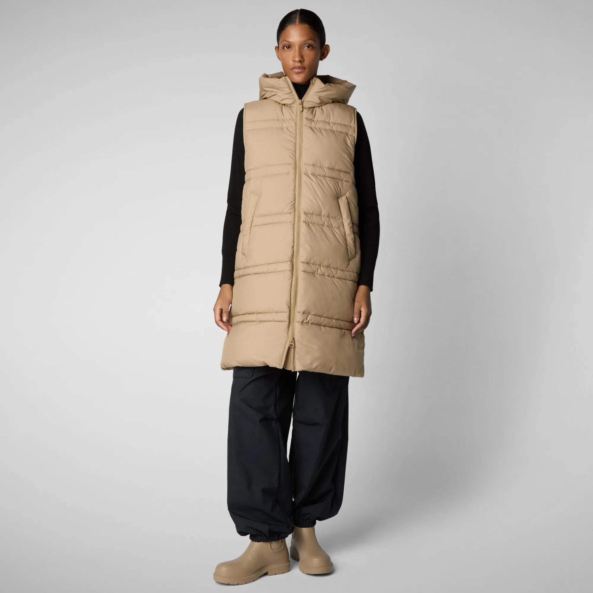 Cheap Save The Duck Women's hooded vest Judee in stardust beige StardustBeige