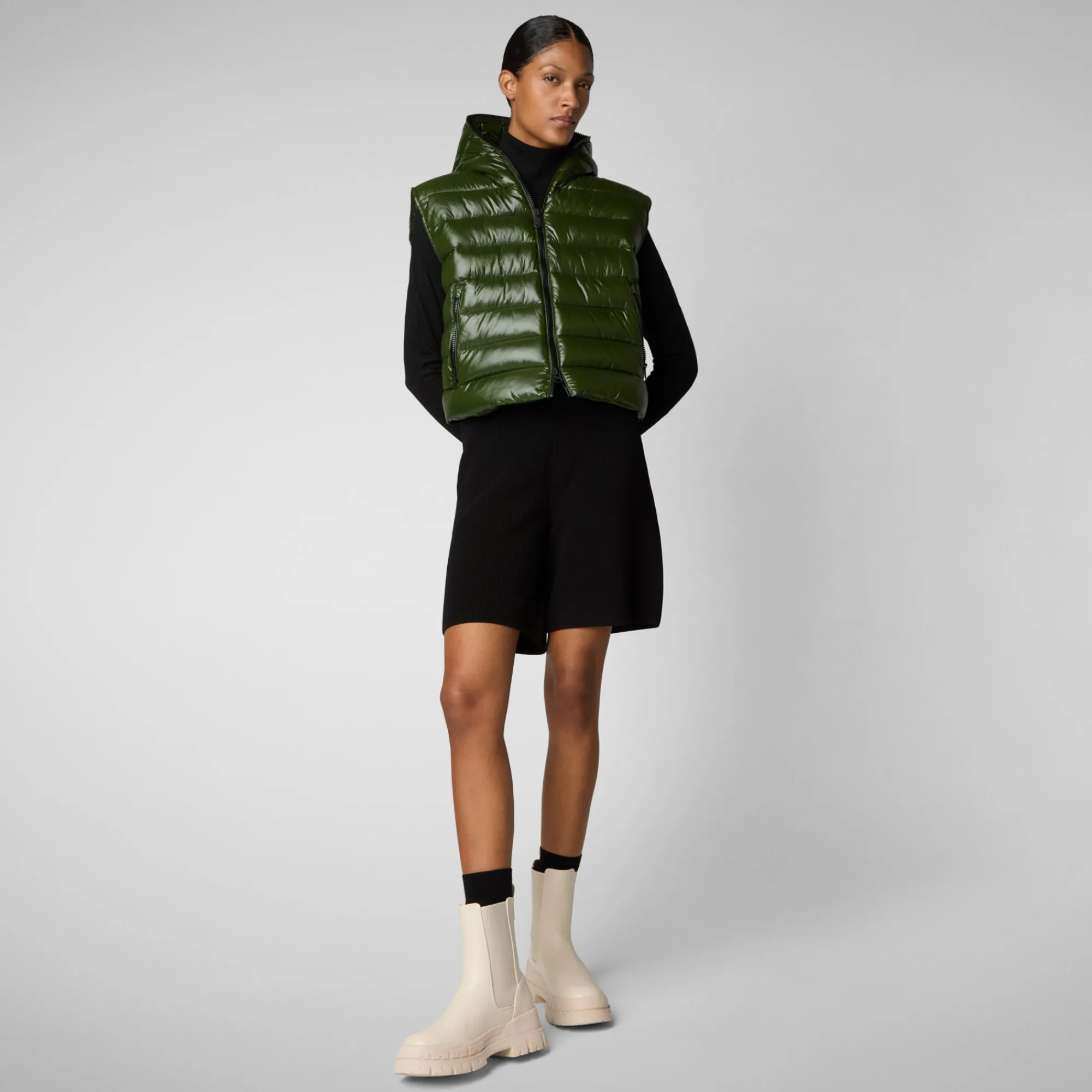 Hot Save The Duck Women's hooded vest Romina in pine green PineGreen