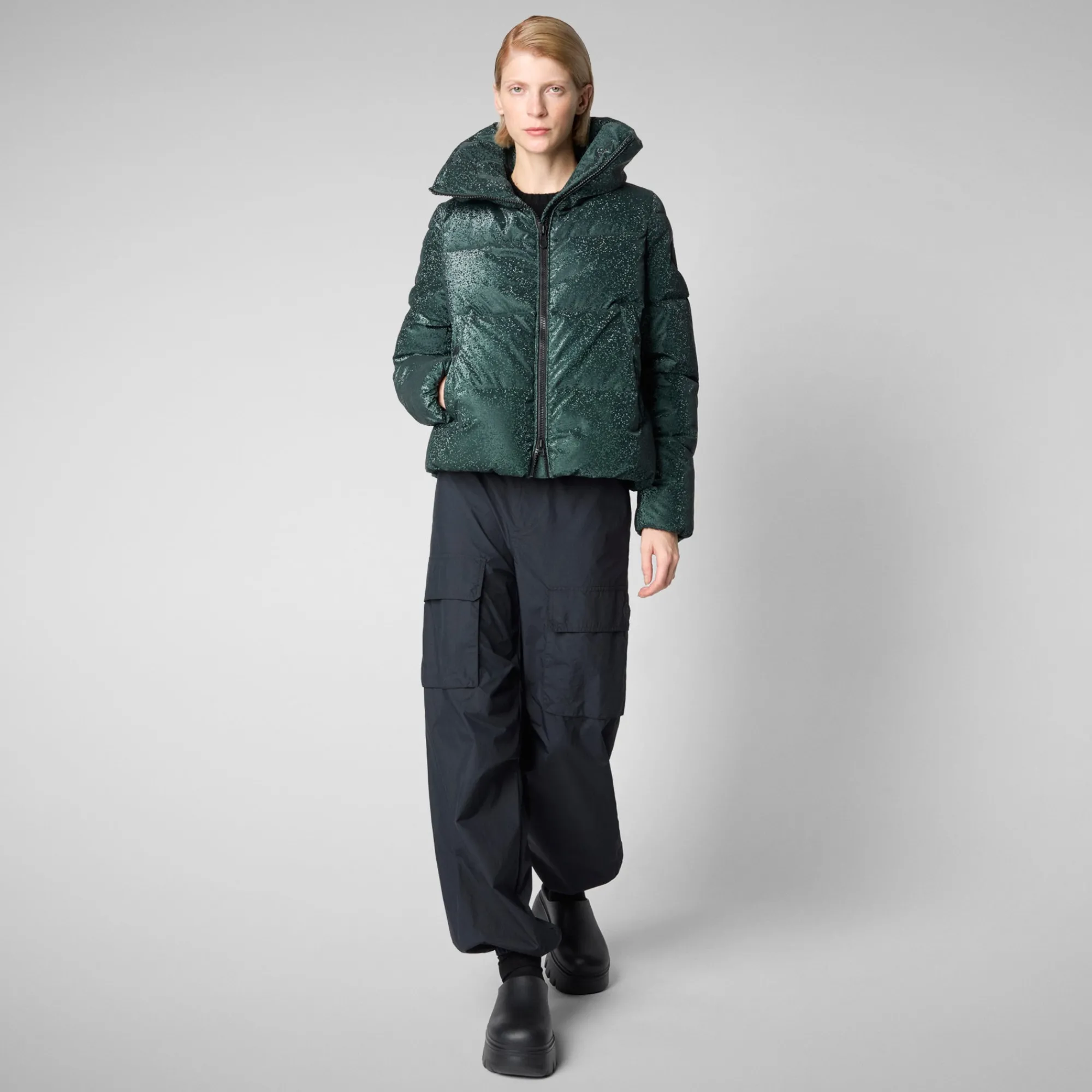 Shop Save The Duck Women's Yvonna Animal free Puffer jacket in Land Green LandGreen